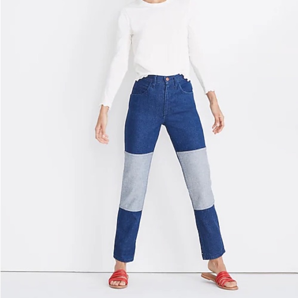 new CARLEEN two tone jeans size 6 run small (4) waist just under 28"